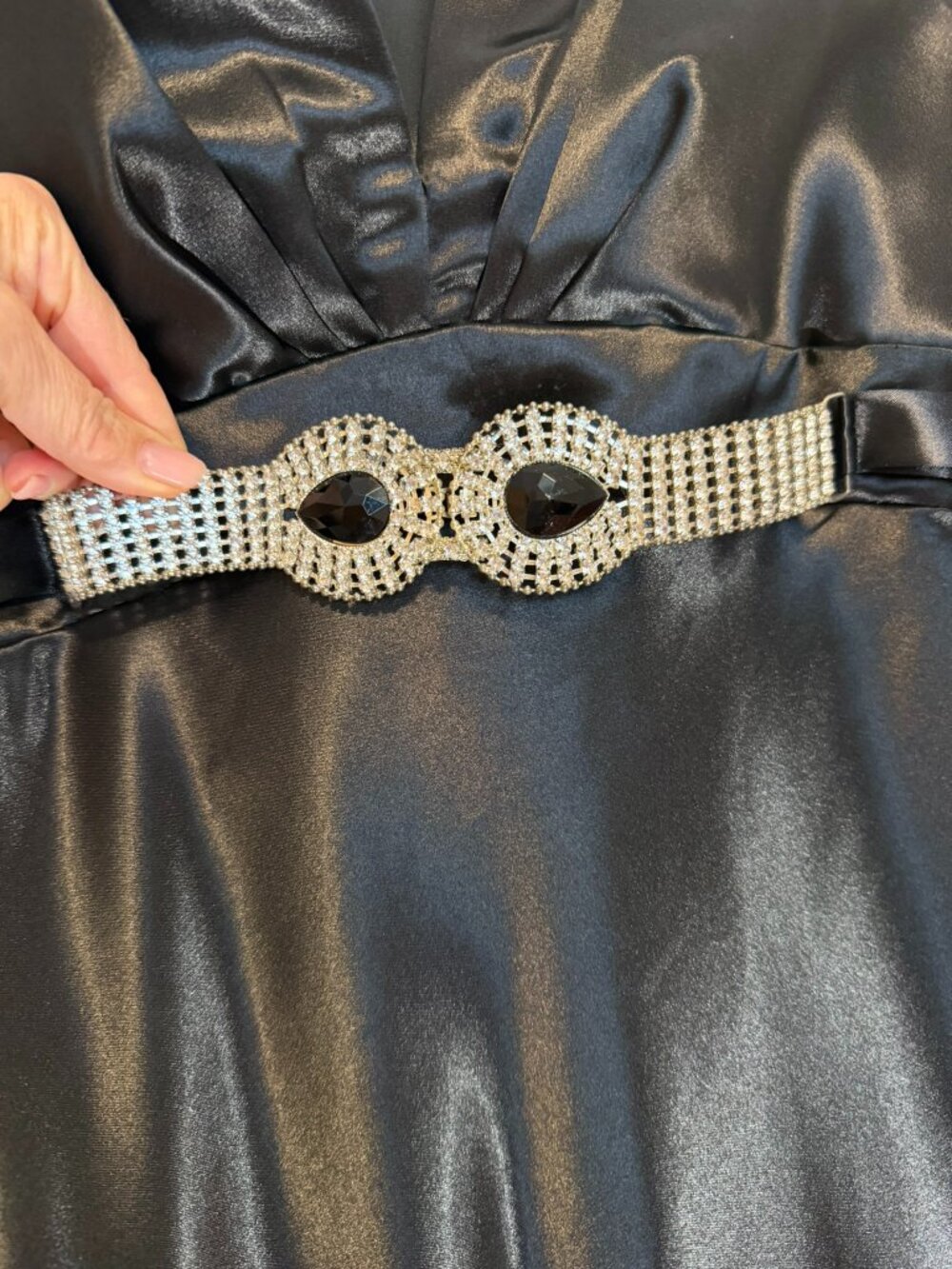 Juno Dress Collection Black Satin Rhinestone Formal Gown M - Picture 6 of 10